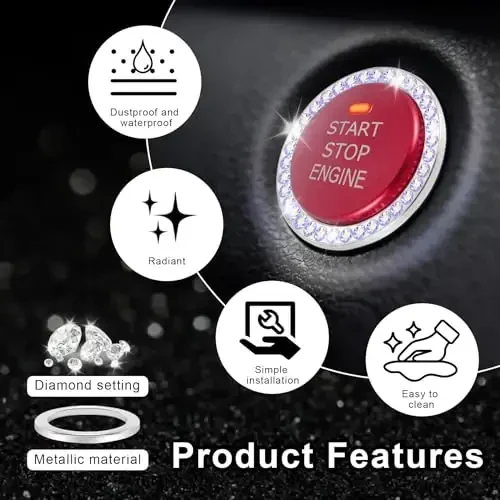 LivTee 2 PCS Crystal Rhinestone Car Engine Start Stop Decoration Ring, Bling Car Interior Accessories for Women, Push to Start Button Cover Sticker, Automotive Decals, Colorful - 5
