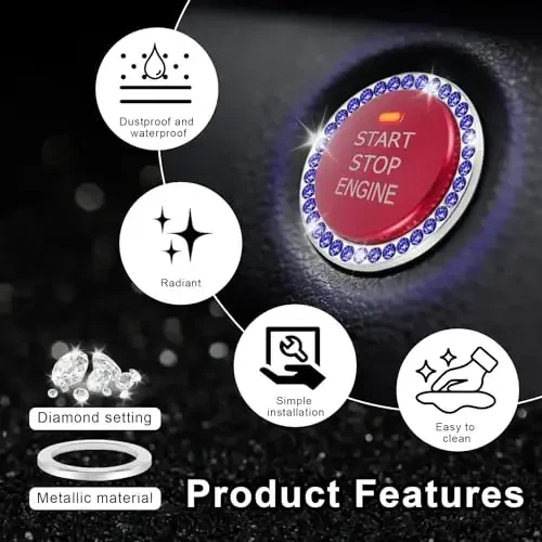 LivTee 2 PCS Crystal Rhinestone Car Engine Start Stop Decoration Ring, Bling Car Interior Accessories for Women, Push to Start Button Cover Sticker, Automotive Decals, Dark Blue - 5