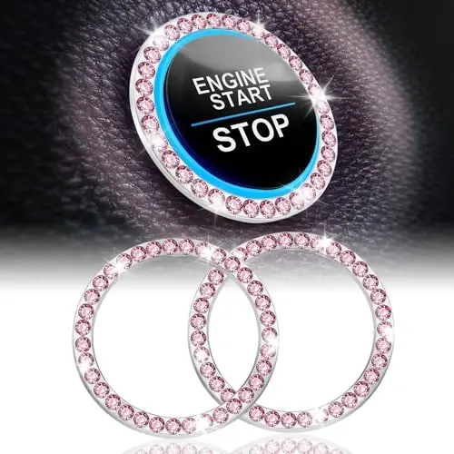 LivTee 2 PCS Crystal Rhinestone Car Engine Start Stop Decoration, Ring Bling Car Interior Accessories for Women, Push to Start Button Cover Sticker, Automotive Decals, Pink - 1