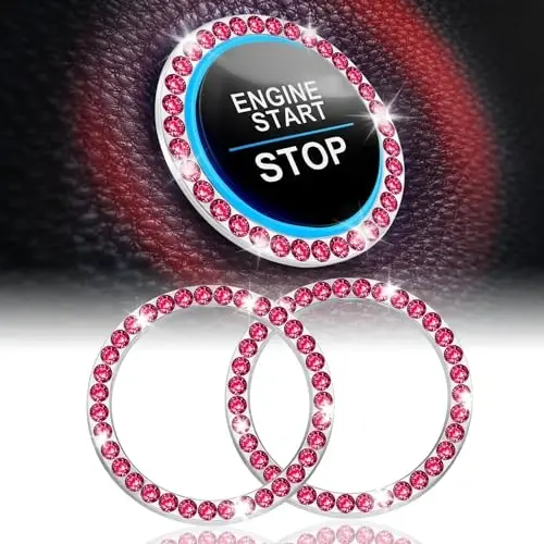 LivTee 2 PCS Crystal Rhinestone Car Engine Start Stop Decoration Ring, Bling Car Interior Accessories for Women, Push to Start Button Cover Sticker, Automotive Decals, Red 