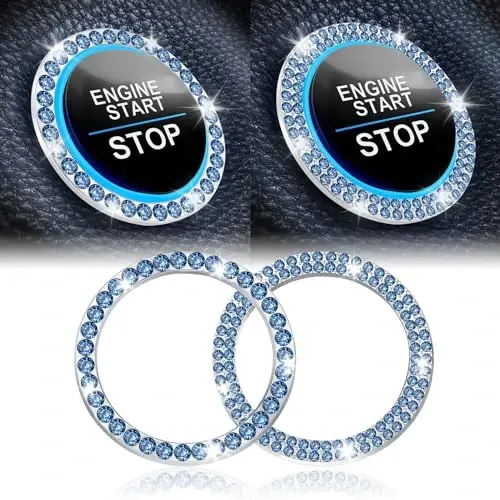 LivTee 2 PCS Kristalli Kombinatsiyalangan Rinestone Avtomobil Dvigatelini Ishga Tushirish Dekoratsiya Uzuk, Ishga Tushirish Tugmasi Qopqog'i Stikeri, Ayollar uchun Bling Avtomobil Ichki Aksessuarlari, Avtomobil Dekallari, Moviy 