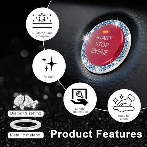 LivTee 2 PCS Kristalli Kombinatsiyalangan Rinestone Avtomobil Dvigatelini Ishga Tushirish Dekoratsiya Uzuk, Ishga Tushirish Tugmasi Qopqog'i Stikeri, Ayollar uchun Bling Avtomobil Ichki Aksessuarlari, Avtomobil Dekallari, Moviy - 5