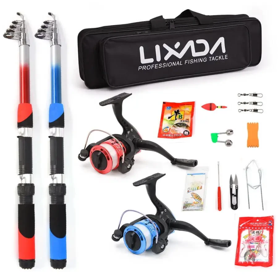 Lixada Fishing Rod Reel Combo Full Kit with 2PCS 2.1m Telescopic Fishing Rods 2PCS Spinning Reels Fishing Lures Hooks Accessories Fishing Bag - 1