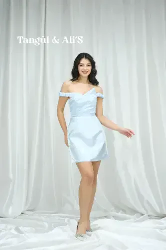 Lizbon atlasdan ko'krakli och ko'k mini ko'ylak - Moviy - 1