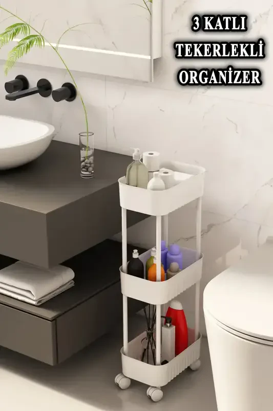 Lizbon Çok Amaçlı 3 Katlı Evye Altı Düzenleyici Dolap Içi Tegah Altıtekerlekli Organizer-BEYAZ - ARNİLLO