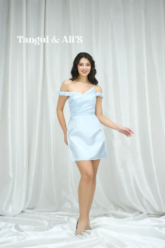 Lizbon Saten Drapeli Bebe Mavisi Mini Elbise - Mavi - TANGÜL&ALI'S MODA EVI