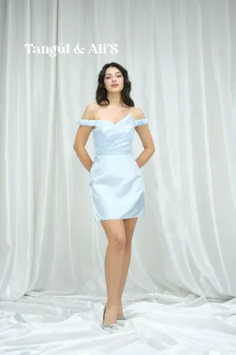 Lizbon Saten Drapeli Bebe Mavisi Mini Elbise - Mavi - 2