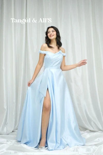 Lizbon Saten Drapeli Bebe Mavisi Maxi Elbise-Mavi - TANGÜL&ALI'S MODA EVI (1)