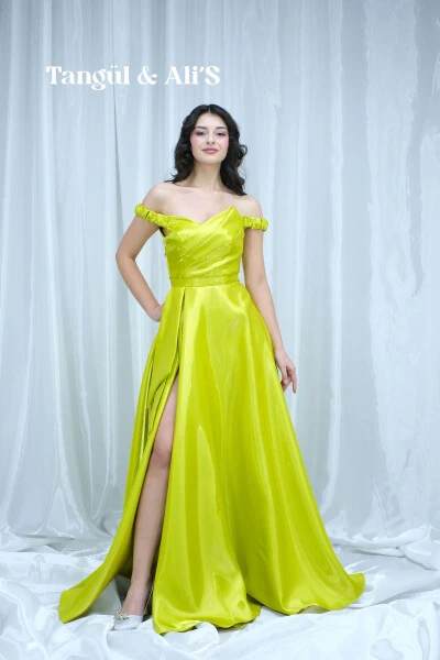 Lizbon Saten Drapeli Yeşil Maxi Elbise-Yeşil - TANGÜL&ALI'S MODA EVI (1)