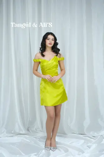 Lizbon Saten Drapeli Yeşil Mini Elbise-Yeşil - 2