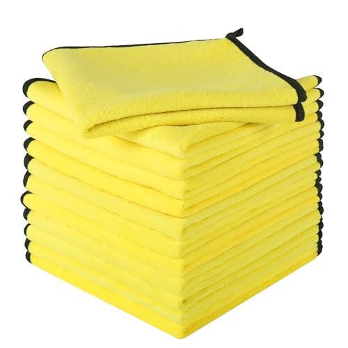 LJGG 16'x16' Microfiber Tozalash Mato, 12-Pack Ikki tomonlama Ikki Rangli Sariq-Kulrang, Avto Detallashtirish uchun Ultra Singdiruvchi va Tirnalishsiz, Avtomobil, Oshxona va Uy uchun Ko'p Maqsadli Sochiqlar - 1