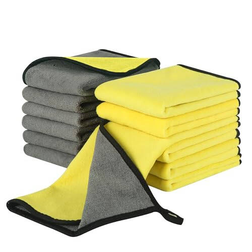 LJGG 16'x16' Microfiber Tozalash Mato, 12-Pack Ikki tomonlama Ikki Rangli Sariq-Kulrang, Avto Detallashtirish uchun Ultra Singdiruvchi va Tirnalishsiz, Avtomobil, Oshxona va Uy uchun Ko'p Maqsadli Sochiqlar - 2