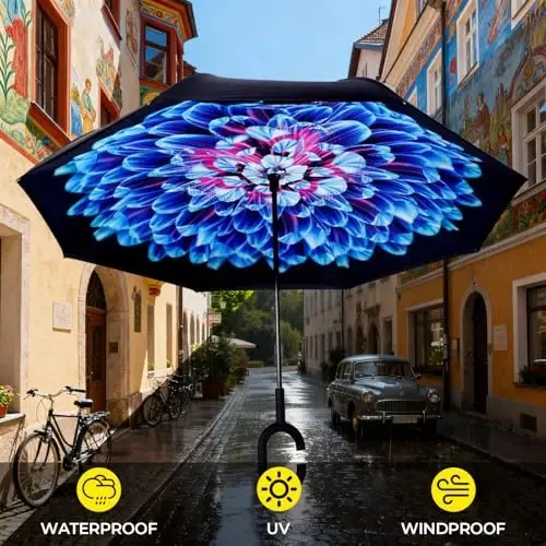 LLanxiry Windproof Inverted Umbrella, Large Reverse Umbrellas for Rain with C-shaped Handle Big Upside Down Inside Out Umbrella for Women & Men - 3