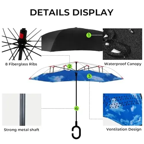 LLanxiry Windproof Inverted Umbrella, Large Reverse Umbrellas for Rain with C-shaped Handle Big Upside Down Inside Out Umbrella for Women & Men - 3