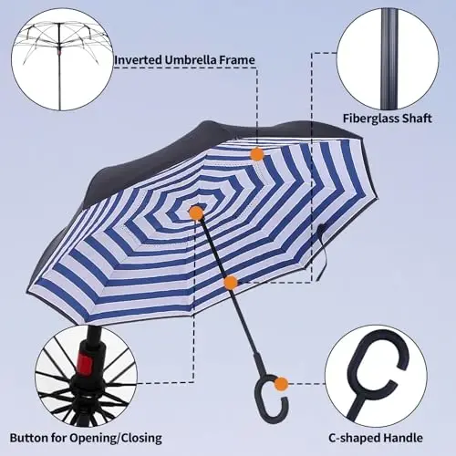LLanxiry Windproof Inverted Umbrella, Large Reverse Umbrellas for Rain with C-shaped Handle Big Upside Down Inside Out Umbrella for Women & Men - 3