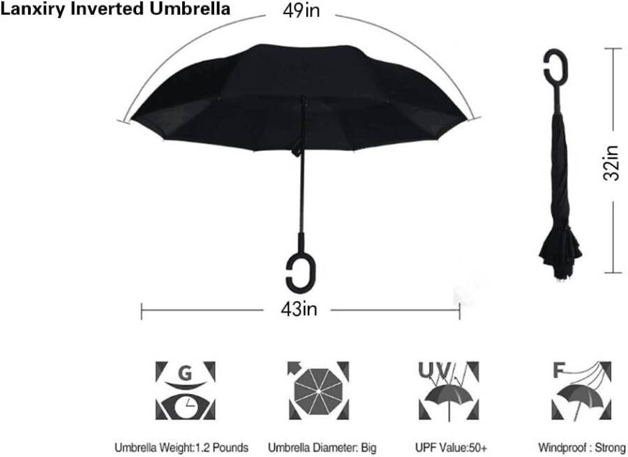 LLanxiry Windproof Inverted Umbrella, Large Reverse Umbrellas for Rain with C-shaped Handle Big Upside Down Inside Out Umbrella for Women & Men - 8