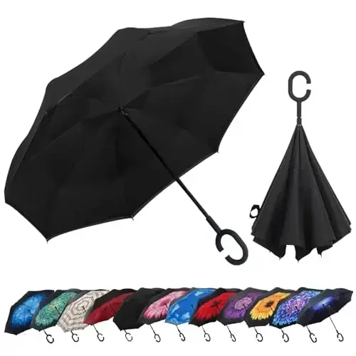 LLanxiry Umbrella, Inverted Reverse Upside Down Umbrellas with C-Shaped Handle, Anti-UV Waterproof Rain Umbrella for Women and Men 