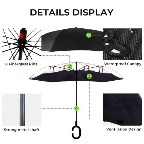 LLanxiry Umbrella, Inverted Reverse Upside Down Umbrellas with C-Shaped Handle, Anti-UV Waterproof Rain Umbrella for Women and Men - 3