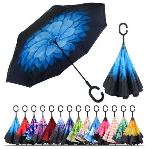 LLanxiry Umbrella, Inverted Reverse Upside Down Umbrellas with C-Shaped Handle, Anti-UV Waterproof Rain Umbrella for Women and Men - 1