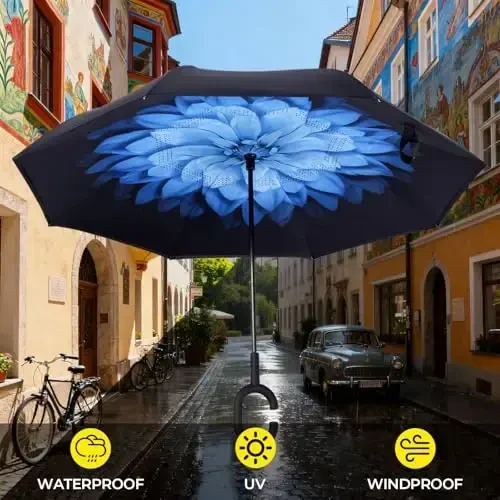 LLanxiry Umbrella, Inverted Reverse Upside Down Umbrellas with C-Shaped Handle, Anti-UV Waterproof Rain Umbrella for Women and Men - 4