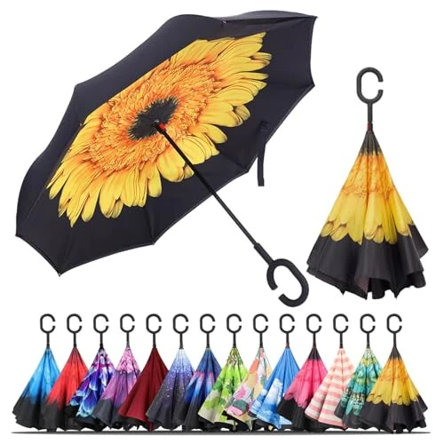 LLanxiry Umbrella, Inverted Reverse Upside Down Umbrellas with C-Shaped Handle, Anti-UV Waterproof Rain Umbrella for Women and Men - LLanxiry