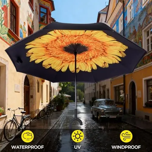 LLanxiry Umbrella, Inverted Reverse Upside Down Umbrellas with C-Shaped Handle, Anti-UV Waterproof Rain Umbrella for Women and Men - 3