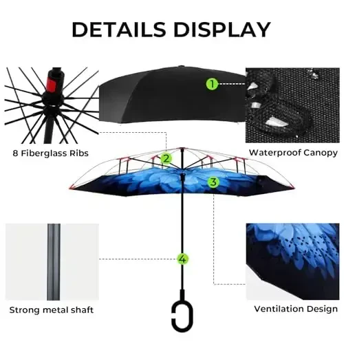 LLanxiry Umbrella,Inverted Reverse Upside Down Umbrellas with C-Shaped Handle, Anti-UV Waterproof Rain Umbrella for Women and Men - 3