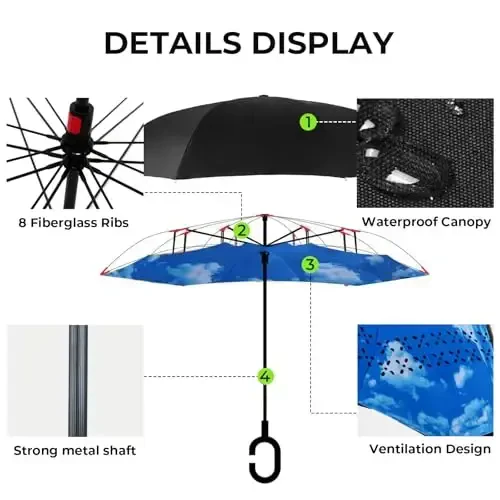 LLanxiry Windproof Inverted Umbrella, Large Reverse Umbrellas for Rain with C-shaped Handle Big Upside Down Inside Out Umbrella for Women & Men - 3