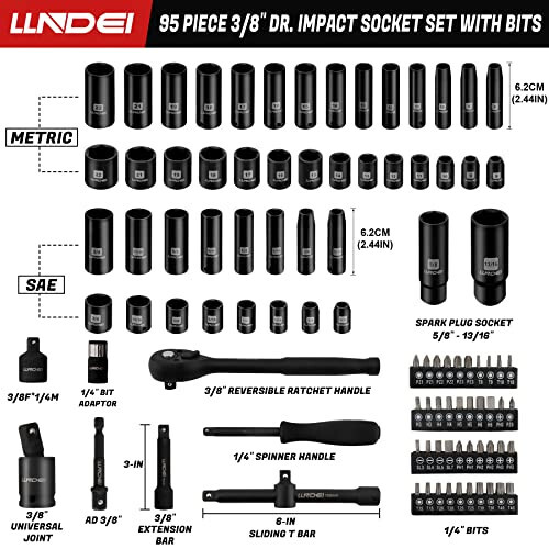 LLNDEI 3/8” Drive Impact Socket Set, Standard SAE (5/16 to 3/4-Inch) Metric Size (8-22mm), 95 Piece, CR-V Steel Deep & Shallow Kit, Adapters, Ratchet Handle, Screwdriver Bit Set, Spark Plug Socket, 6 Point - 2