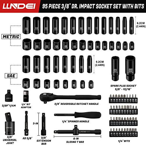 LLNDEI 3/8” Drive Impact Socket Set, Standard SAE (5/16 to 3/4-Inch) Metric Size (8-22mm), 95 Piece, CR-V Steel Deep & Shallow Kit, Adapters, Ratchet Handle, Screwdriver Bit Set, Spark Plug Socket, 6 Point - 2