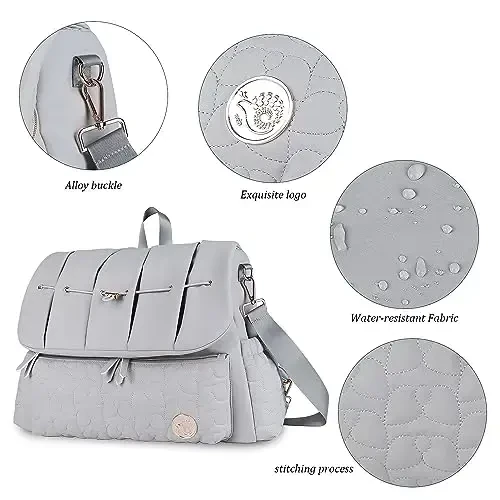 Lmbabter Diaper Bag Backpack Convertible Messenger Bag Travel Backpack Maternity Bags Stylish Baby Bag with Changing Pad for Mom (Gray) - 4