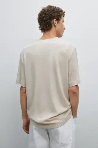 Льняная футболка с короткими рукавами-БЕЖ - 3