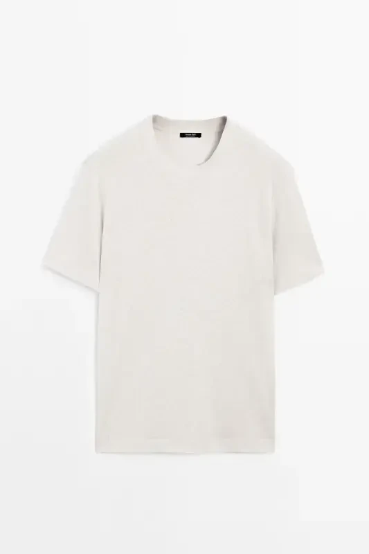 Льняная футболка с короткими рукавами-БЕЖ - 5