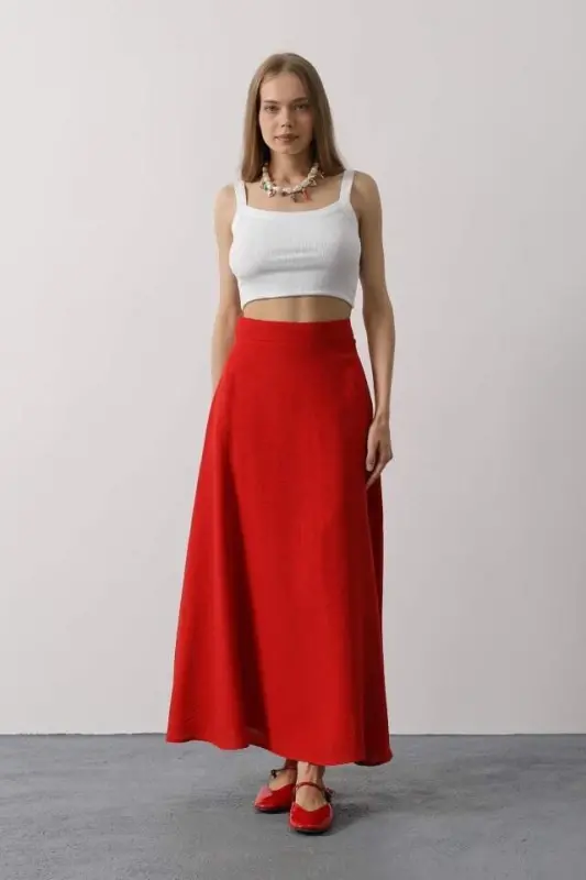 Льняная Юбка - Красный - 2