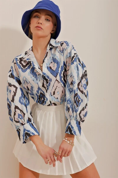 Льняная рубашка с индиго-принтом в этническом стиле ALC-X10396 - TREND ALAÇATI STILI (1)