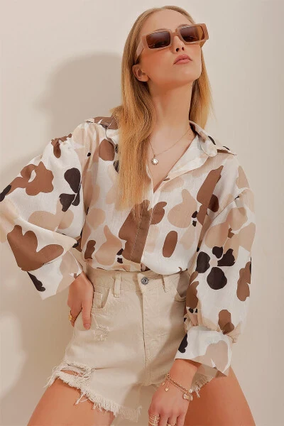 Льняная Рубашка в Клетку с Этническим Принтом ALC-X10398 - TREND ALAÇATI STILI (1)