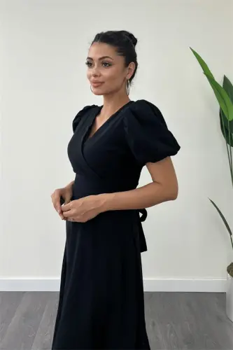 Льняное двубортное платье миди - ЧЕРНЫЙ - 3