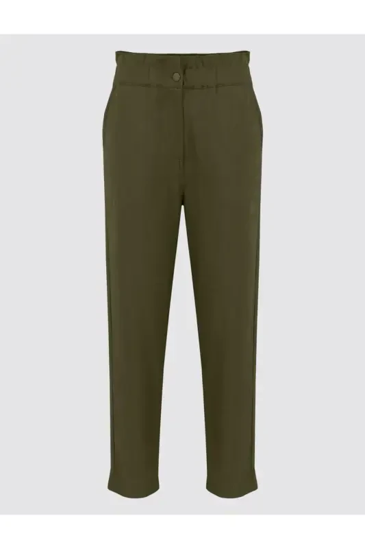 Льняные брюки хаки с высокой талией на резинке. - 7