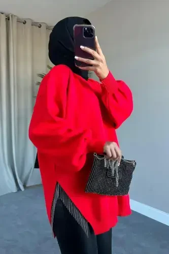 Locamz Half Chain Knitted Sweater-Red - 1