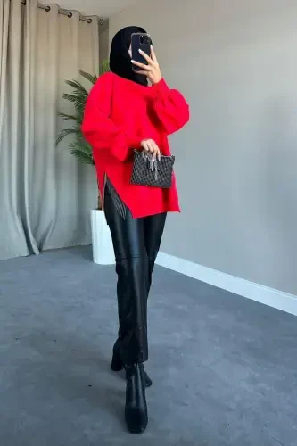 Locamz Half Chain Knitted Sweater-Red - ŞULE GIYIM (1)