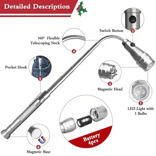 LOCONHA Magnetic Pickup Tool with LED Lights, Telescoping Magnet Flashlight, Cool Gadget Birthday Gifts Christmas Day Gifts for Men, Handyman, Husband, Boyfriend, Him, Father, Dad (1 Pack Silvery) - 3