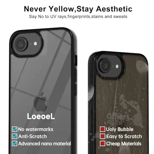 LoeoeL для iPhone 16e Чехол Прозрачный, Гибридный 16e Чехол для телефона [Твердый пластик и Мягкий силиконовый бампер] Акриловая Не желтеющая Тонкая Защитная накладка для женщин, Черный - 4