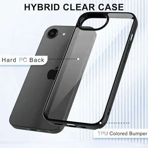 LoeoeL для iPhone 16e Чехол Прозрачный, Гибридный 16e Чехол для телефона [Твердый пластик и Мягкий силиконовый бампер] Акриловая Не желтеющая Тонкая Защитная накладка для женщин, Черный - 3