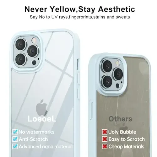 LoeoeL for iPhone 12 Pro/ 12 Case Clear, Transparent Hybrid 12 Pro/ 12 Phone Case [Hard Plastic & Soft Silicone Bumper] Acrylic Non Yellowing Thin Slim Protective Cover for Women, Light Blue - 5