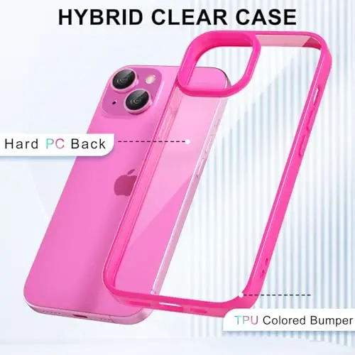 LoeoeL for iPhone 14 Case Clear, Transparent Hybrid 14 Phone Case [Hard Plastic & Soft Silicone Bumper] Acrylic Non Yellowing Thin Slim Protective Cover for Women, Neon Hot Pink - 3