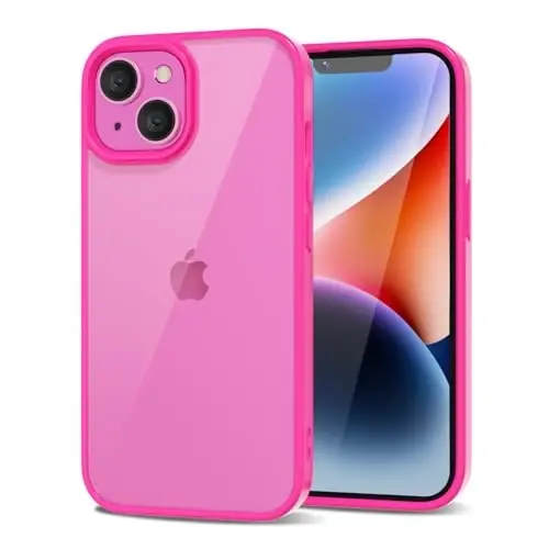 LoeoeL for iPhone 14 Plus Case Clear, Transparent Hybrid 14 Plus Phone Case [Hard Plastic & Soft Silicone Bumper] Acrylic Non Yellowing Thin Slim Protective Cover for Women, Neon Hot Pink - LOEOEL