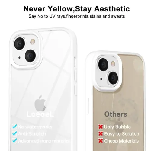 LoeoeL for iPhone 14 Plus Case Clear, Transparent Hybrid 14 Plus Phone Case [Hard Plastic & Soft Silicone Bumper] Acrylic Non Yellowing Thin Slim Protective Cover for Women, White - 8