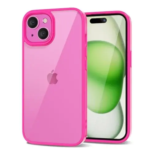 LoeoeL for iPhone 15 Case Clear, Transparent Hybrid 15 Phone Case [Hard Plastic & Soft Silicone Bumper] Acrylic Non Yellowing Thin Slim Protective Cover for Women, Neon Hot Pink 