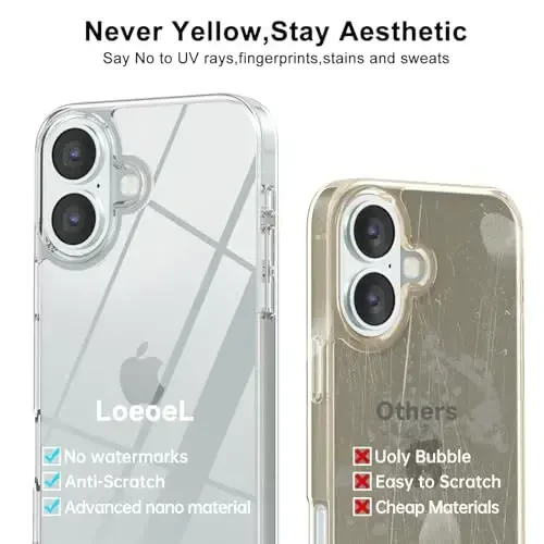 LoeoeL for iPhone 16 Case Clear, Transparent Hybrid 16 Phone Case [Hard Plastic & Soft Silicone Bumper] Acrylic Non Yellowing Thin Slim Protective Cover for Women, Crystal Clear - 4
