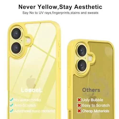 LoeoeL for iPhone 16 Case Clear, Transparent Hybrid 16 Phone Case [Hard Plastic & Soft Silicone Bumper] Acrylic Non Yellowing Thin Slim Protective Cover for Women, Yellow - 4